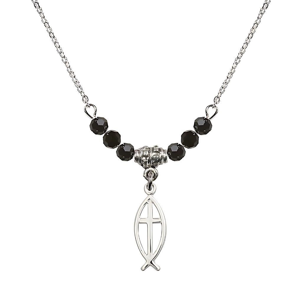 Bliss Fish Cross Crystal Birthstone Necklace with Chain in Jet, 3/4 inch tall by 1/4 inch wide