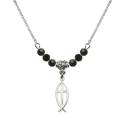 Fish Cross Crystal Birthstone Necklace with Chain in Jet, 3/4 inch tall by 1/4 inch wide, Bliss Manufacturing