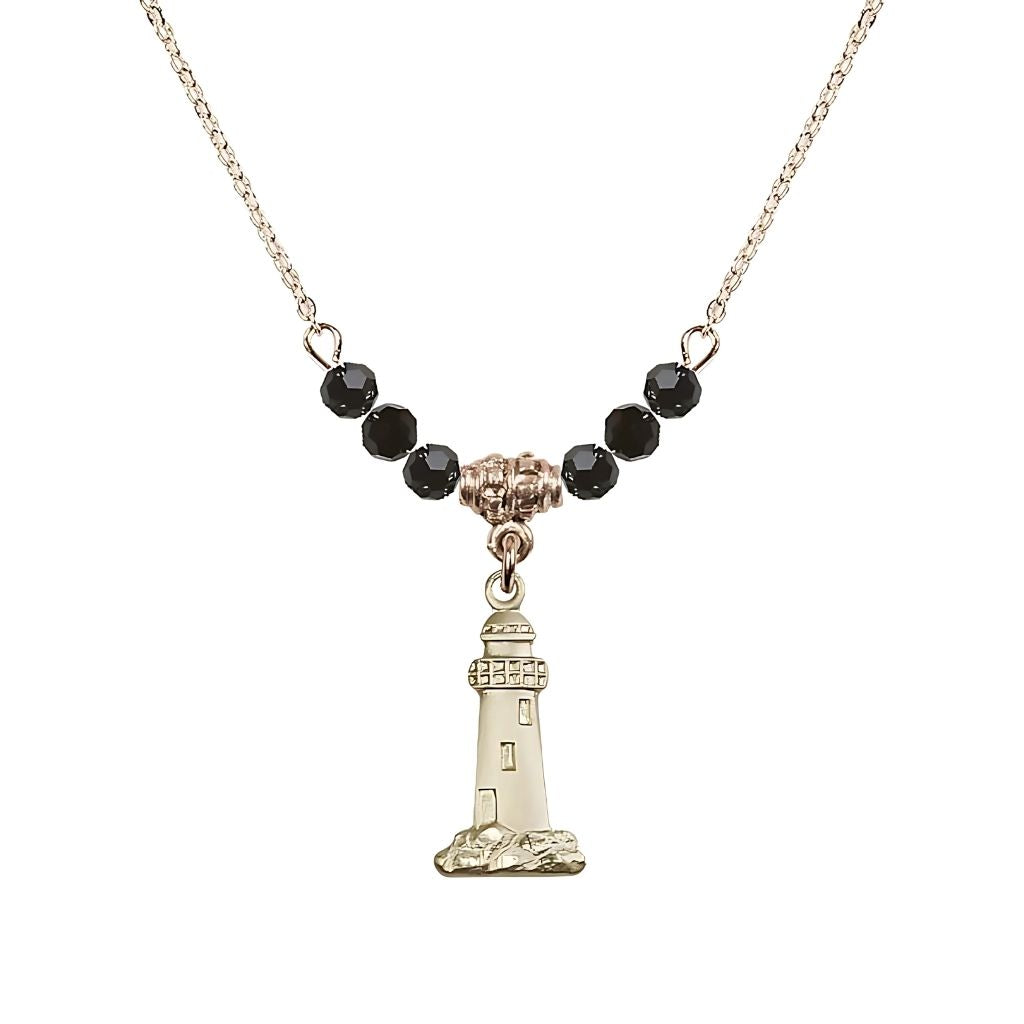 Bliss Jet Gold-filled Lighthouse Beaded Necklace, Medal Measures 3/4-inch tall by 3/8-inch wide