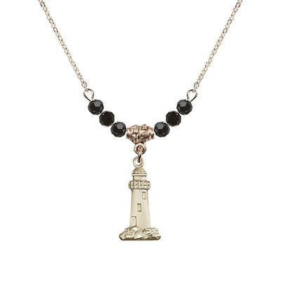 Jet Gold-filled Lighthouse Beaded Necklace, Medal Measures 3/4-inch tall by 3/8-inch wide, Bliss Manufacturing