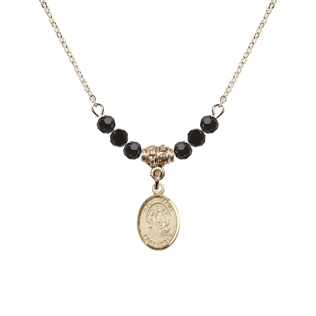 Bliss Holy Family 14kt Gold-filled Charm Beaded Necklace with 18" Gold-plated Chain in 4mm Austrian Crystal Jet Beads