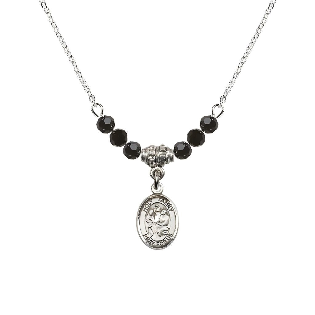 Bliss Holy Family Sterling Silver Charm Beaded Necklace with 18" Plated Chain in 4mm Austrian Crystal Jet Beads