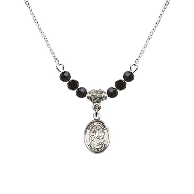 Holy Family Sterling Silver Charm Beaded Necklace with 18" Plated Chain in 4mm Austrian Crystal Jet Beads, Bliss Manufacturing