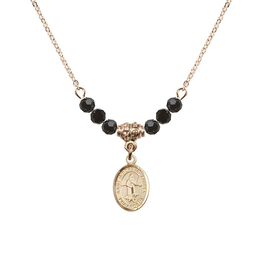 Bliss St. Isidore the Farmer Oval 14kt Gold-filled 4mm Jet Black Austrian Crystal Beaded Necklace, Measures 1/2-inch by 1/4-inch, Gift Box.