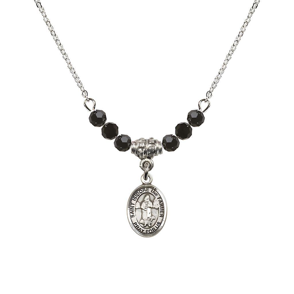 Bliss St. Isidore the Farmer Oval Sterling Silver 4mm Jet Black Austrian Crystal Beaded Necklace, Measures 1/2-inch by 1/4-inch, Gift Box.