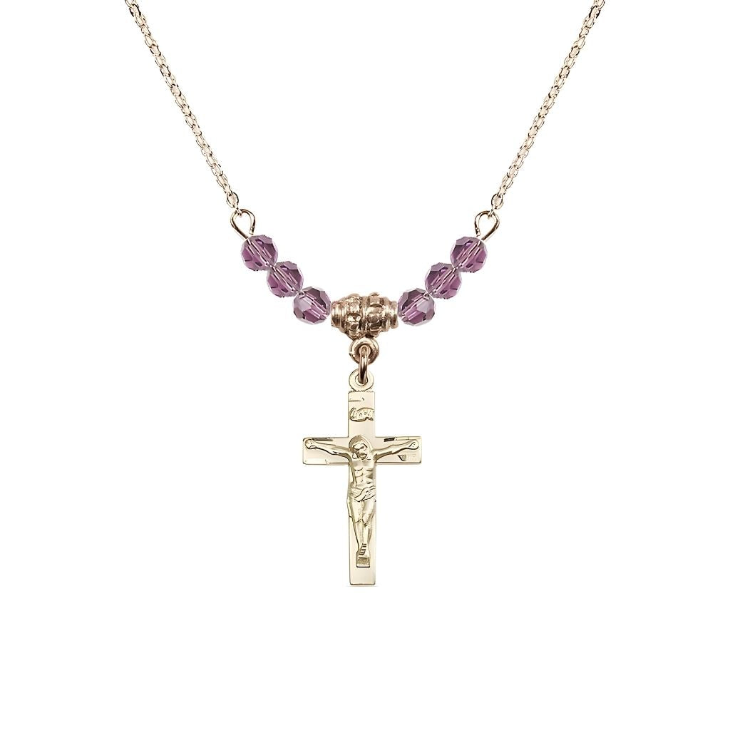 Bliss Gold-plated Holy Communion Crucifix Light Amethyst Beaded Necklace, Measures 1/2-inch tall by 3/8-inch wide