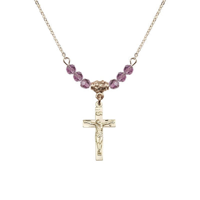 Gold-plated Holy Communion Crucifix Light Amethyst Beaded Necklace, Measures 1/2-inch tall by 3/8-inch wide, Bliss Manufacturing