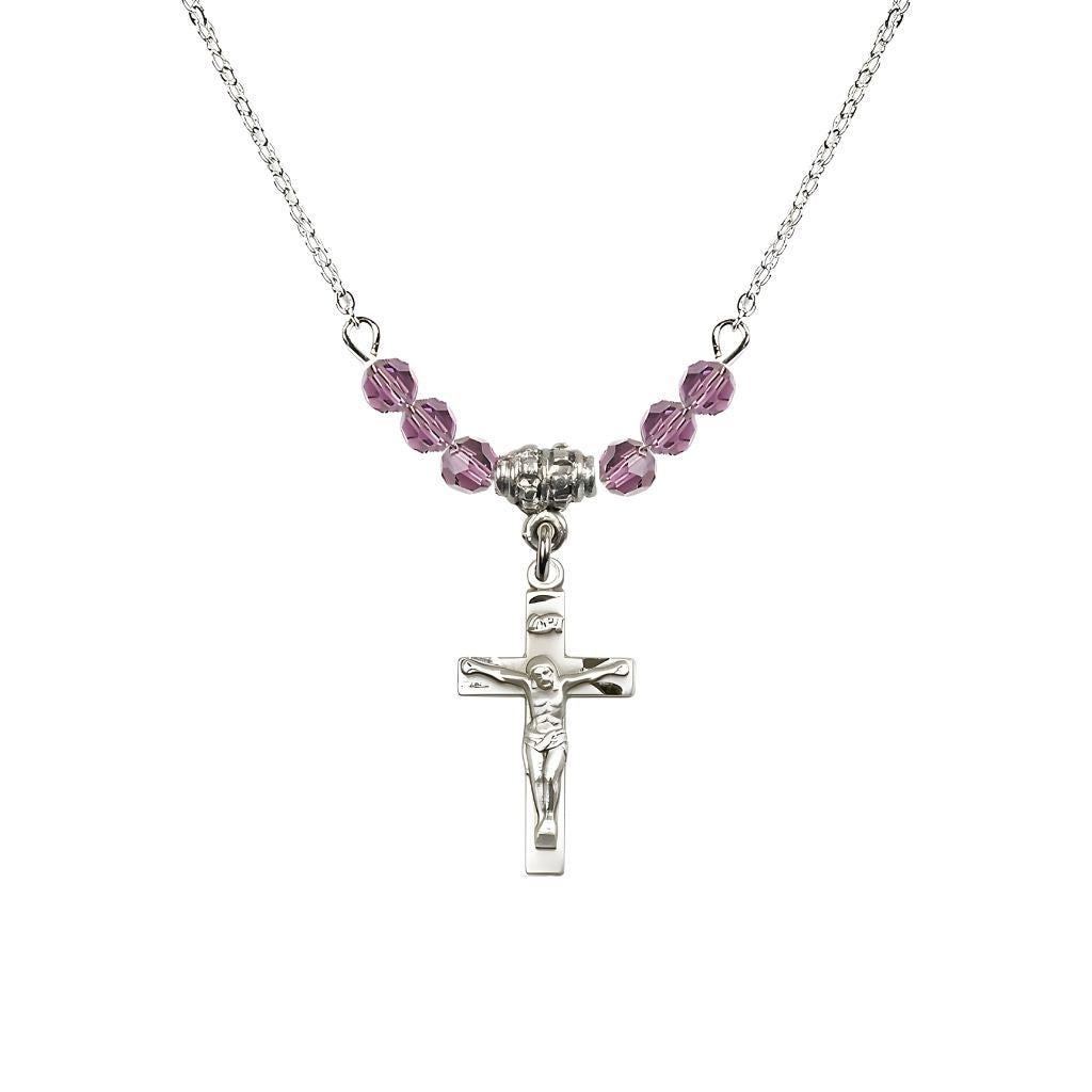 Bliss Pewter Holy Communion Crucifix Light Amethyst Beaded Necklace, Measures 1/2-inch tall by 3/8-inch wide