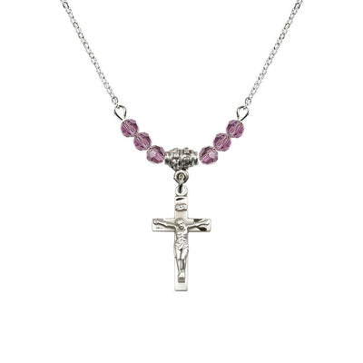 Pewter Holy Communion Crucifix Light Amethyst Beaded Necklace, Measures 1/2-inch tall by 3/8-inch wide, Bliss Manufacturing