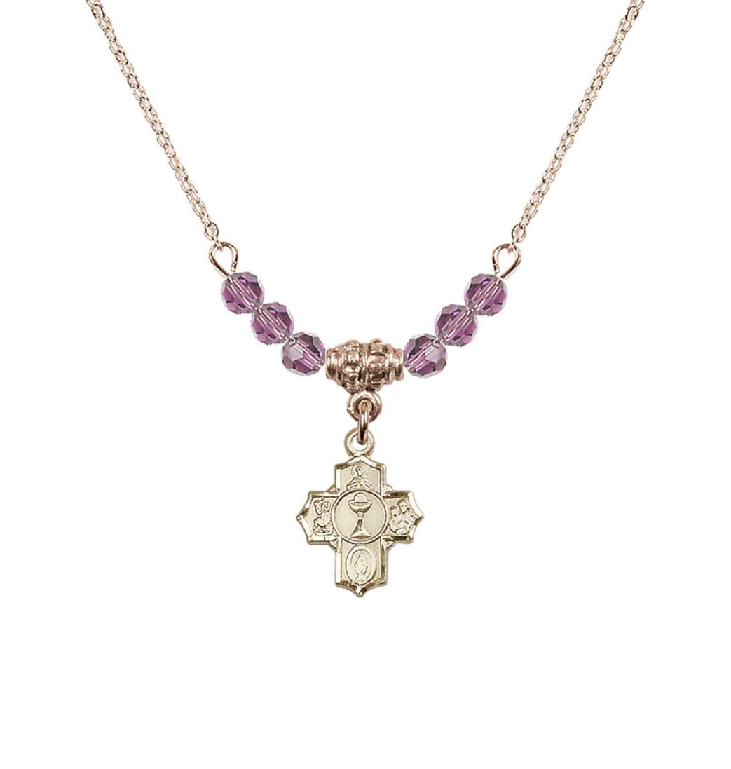 Bliss Gold-plated Communion 5-Way Cross Light Amethyst Beaded Necklace, Measures 1/2-inch tall by 3/8-inch wide