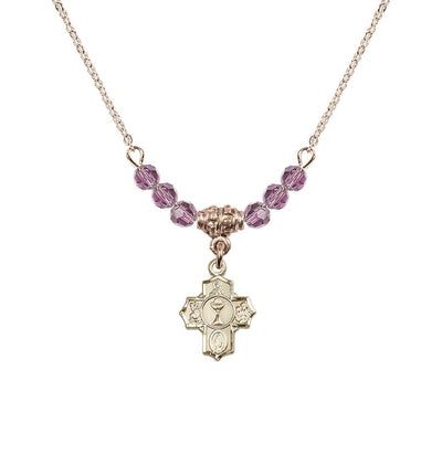 Gold-plated Communion 5-Way Cross Light Amethyst Beaded Necklace, Measures 1/2-inch tall by 3/8-inch wide, Bliss Manufacturing