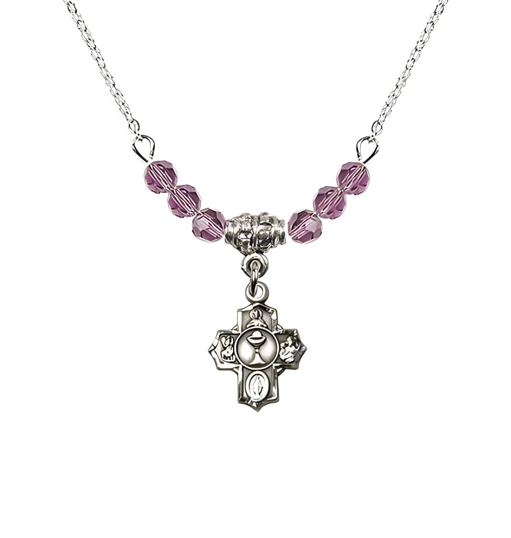 Bliss Pewter Communion 5-Way Cross Light Amethyst Beaded Necklace, Measures 1/2-inch tall by 3/8-inch wide