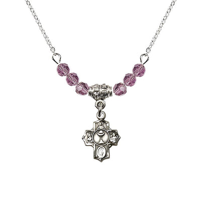 Pewter Communion 5-Way Cross Light Amethyst Beaded Necklace, Measures 1/2-inch tall by 3/8-inch wide, Bliss Manufacturing
