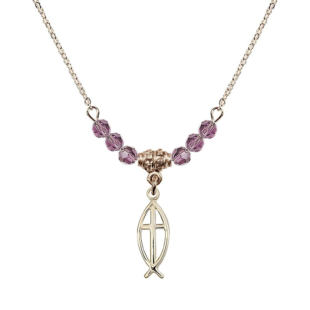 Bliss Fish Cross Gold-filled 4mm Crystal Beaded Necklace with Chain in Light Amethyst, Medal Measures 3/4 inch tall by 1/4 inch wide