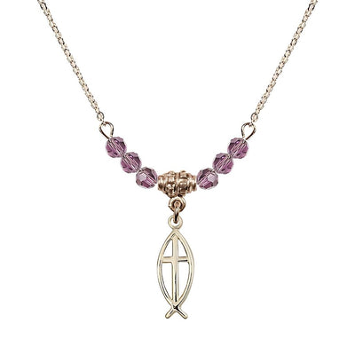 Fish Cross Gold-filled 4mm Crystal Beaded Necklace with Chain in Light Amethyst, Medal Measures 3/4 inch tall by 1/4 inch wide, Bliss Manufacturing