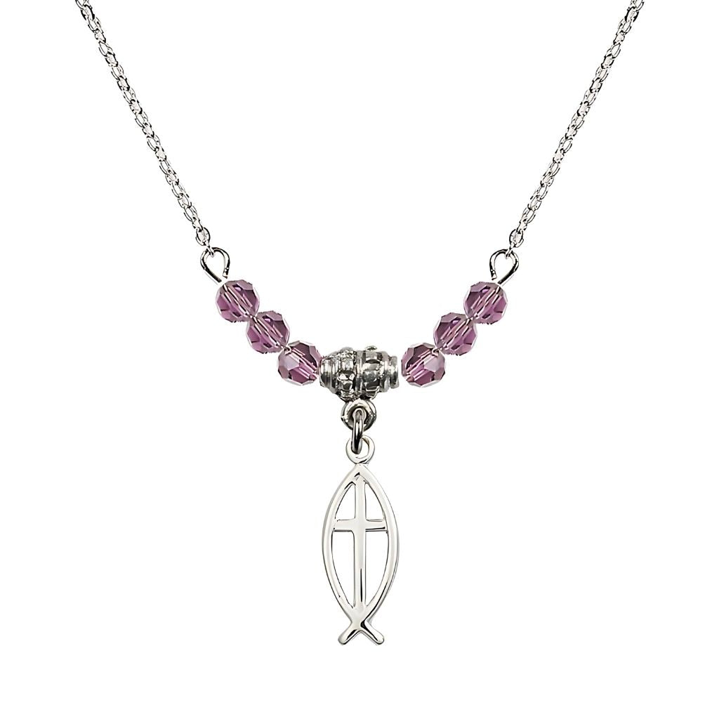 Bliss Fish Cross Crystal Birthstone Necklace with Chain in Light Amethyst, 3/4 inch tall by 1/4 inch wide