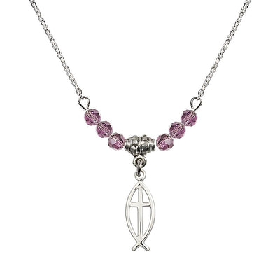 Fish Cross Crystal Birthstone Necklace with Chain in Light Amethyst, 3/4 inch tall by 1/4 inch wide, Bliss Manufacturing