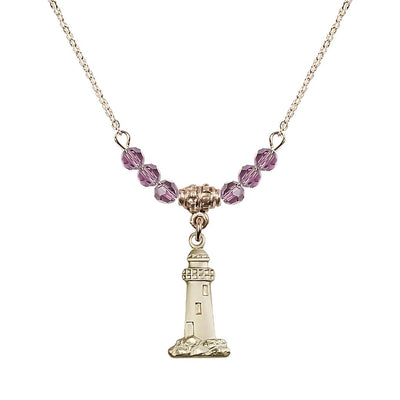 June-Lt Amethyst Gold-filled Lighthouse Beaded Necklace, Medal Measures 3/4-inch tall by 3/8-inch wide, Bliss Manufacturing