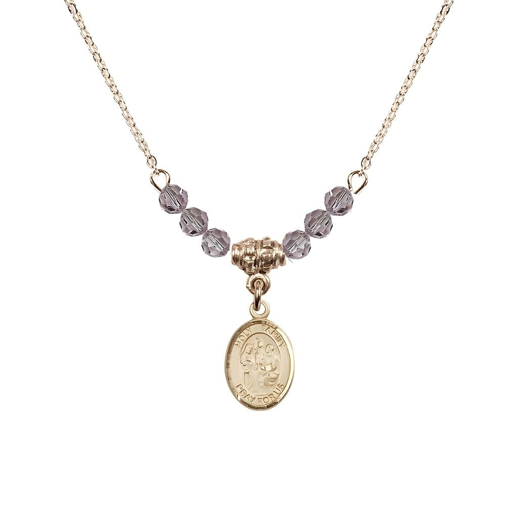 Bliss Holy Family 14kt Gold-filled Charm Beaded Necklace with 18" Gold-plated Chain in 4mm Austrian Crystal Light Amethyst Beads