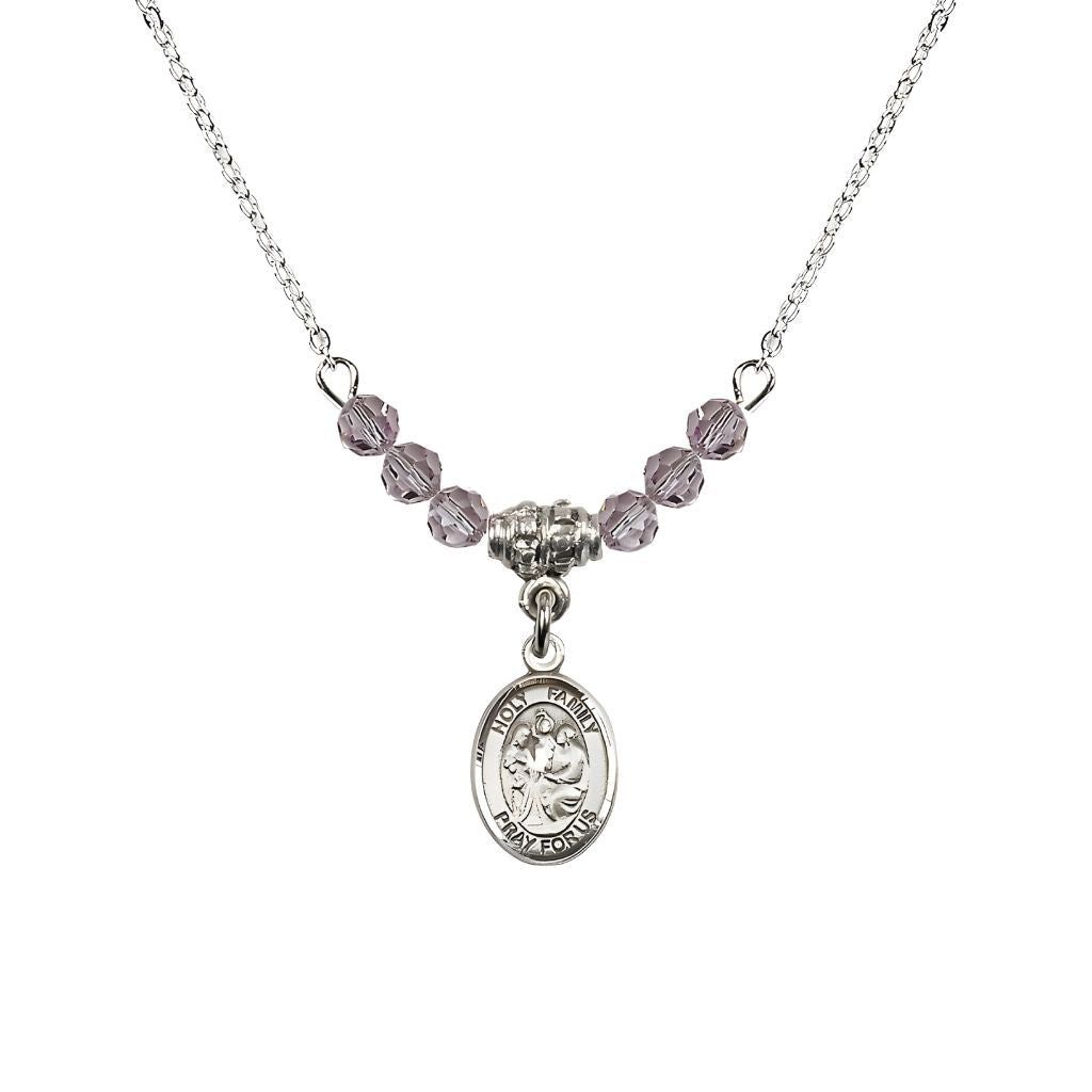 Bliss Holy Family Sterling Silver Charm Beaded Necklace with 18" Plated Chain in 4mm Austrian Crystal Light Amethyst Beads