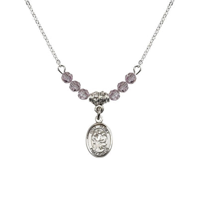 Holy Family Sterling Silver Charm Beaded Necklace with 18" Plated Chain in 4mm Austrian Crystal Light Amethyst Beads, Bliss Manufacturing