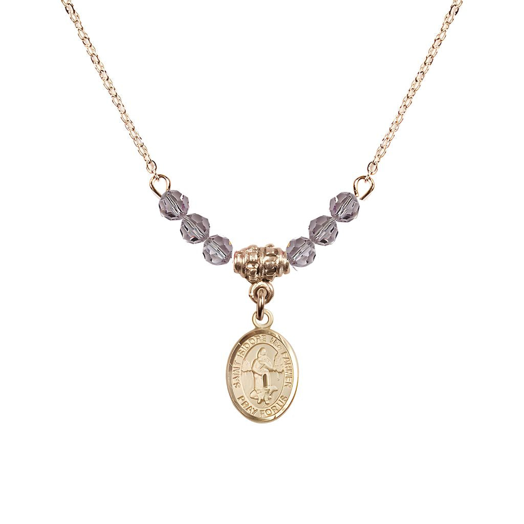 Bliss St. Isidore the Farmer Oval 14kt Gold-filled 4mm Light Amethyst Austrian Crystal Beaded Necklace, Measures 1/2-inch by 1/4-inch, Gift Box.