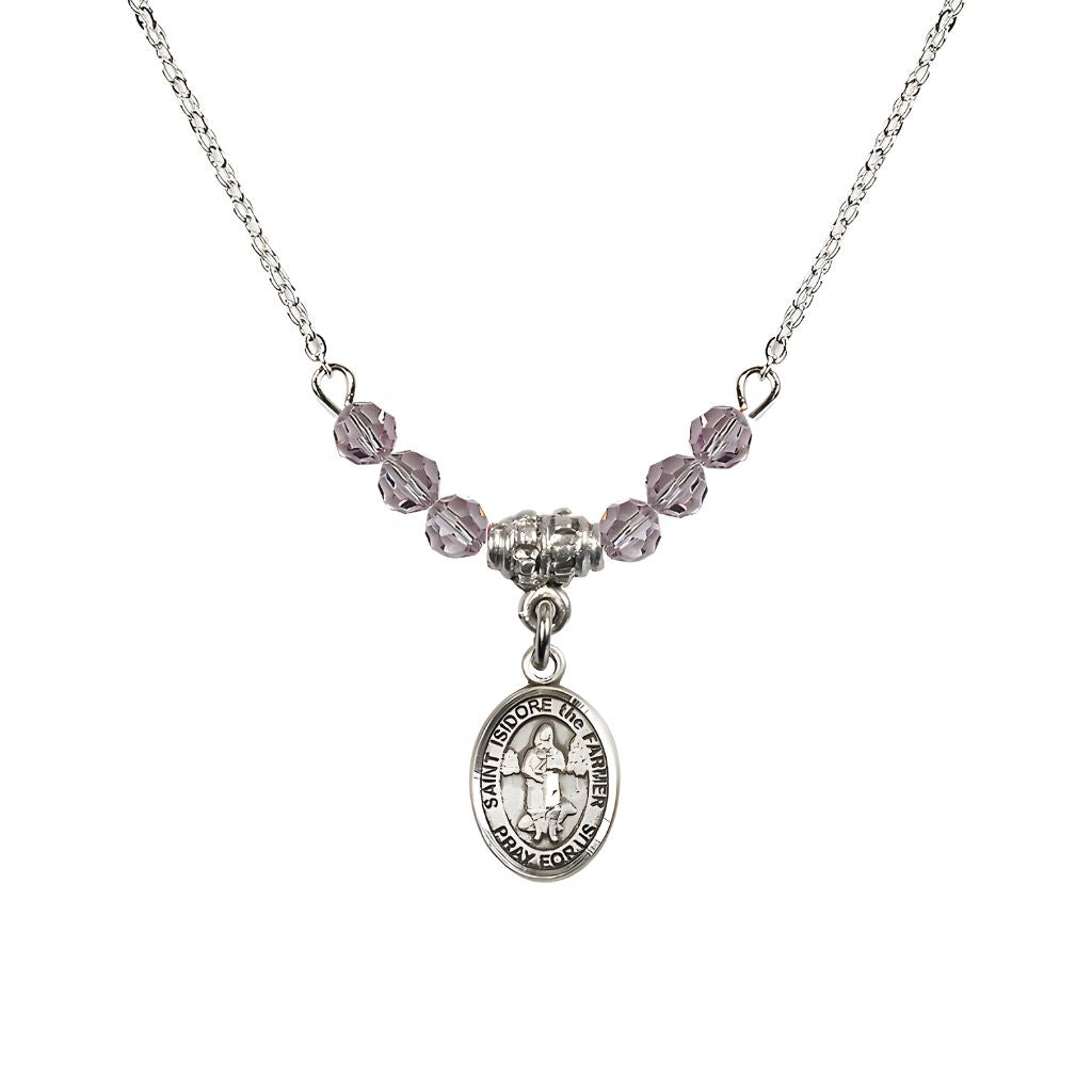 Bliss St. Isidore the Farmer Oval Sterling Silver 4mm Light Amethyst Austrian Crystal Beaded Necklace, Measures 1/2-inch by 1/4-inch, Gift Box.