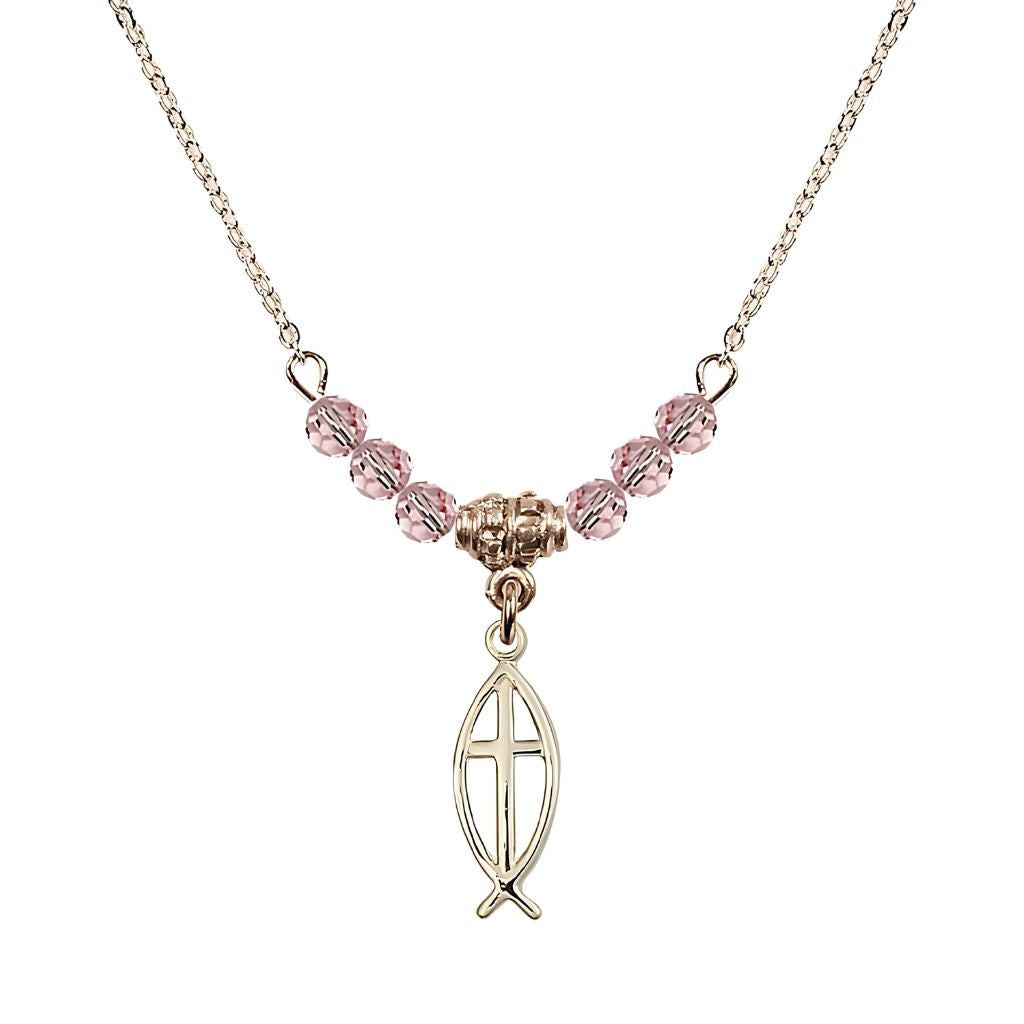 Bliss Fish Cross Gold-filled 4mm Crystal Beaded Necklace with Chain in Light Rose, Medal Measures 3/4 inch tall by 1/4 inch wide