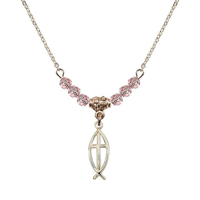 Fish Cross Gold-filled 4mm Crystal Beaded Necklace with Chain in Light Rose, Medal Measures 3/4 inch tall by 1/4 inch wide, Bliss Manufacturing