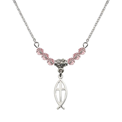 Fish Cross Crystal Birthstone Necklace with Chain in Light Rose, 3/4 inch tall by 1/4 inch wide, Bliss Manufacturing