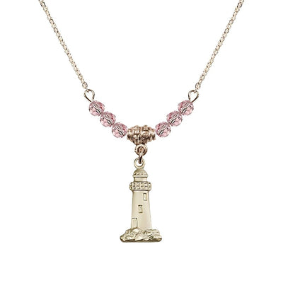 Light Rose Gold-filled Lighthouse Beaded Necklace, Medal Measures 3/4-inch tall by 3/8-inch wide, Bliss Manufacturing