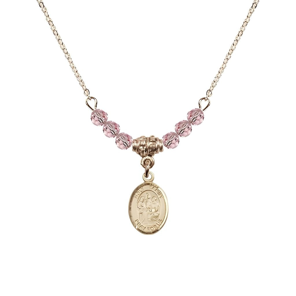 Bliss Holy Family 14kt Gold-filled Charm Beaded Necklace with 18" Gold-plated Chain in 4mm Austrian Crystal Light Rose Beads