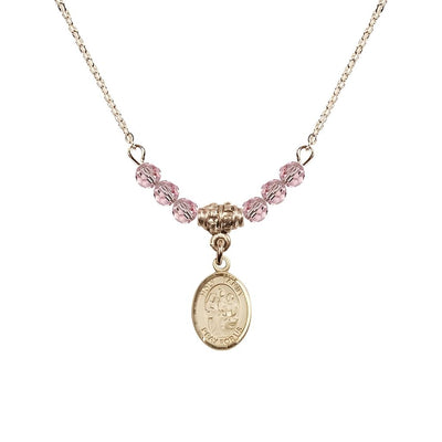 Holy Family 14kt Gold-filled Charm Beaded Necklace with 18" Gold-plated Chain in 4mm Austrian Crystal Light Rose Beads, Bliss Manufacturing