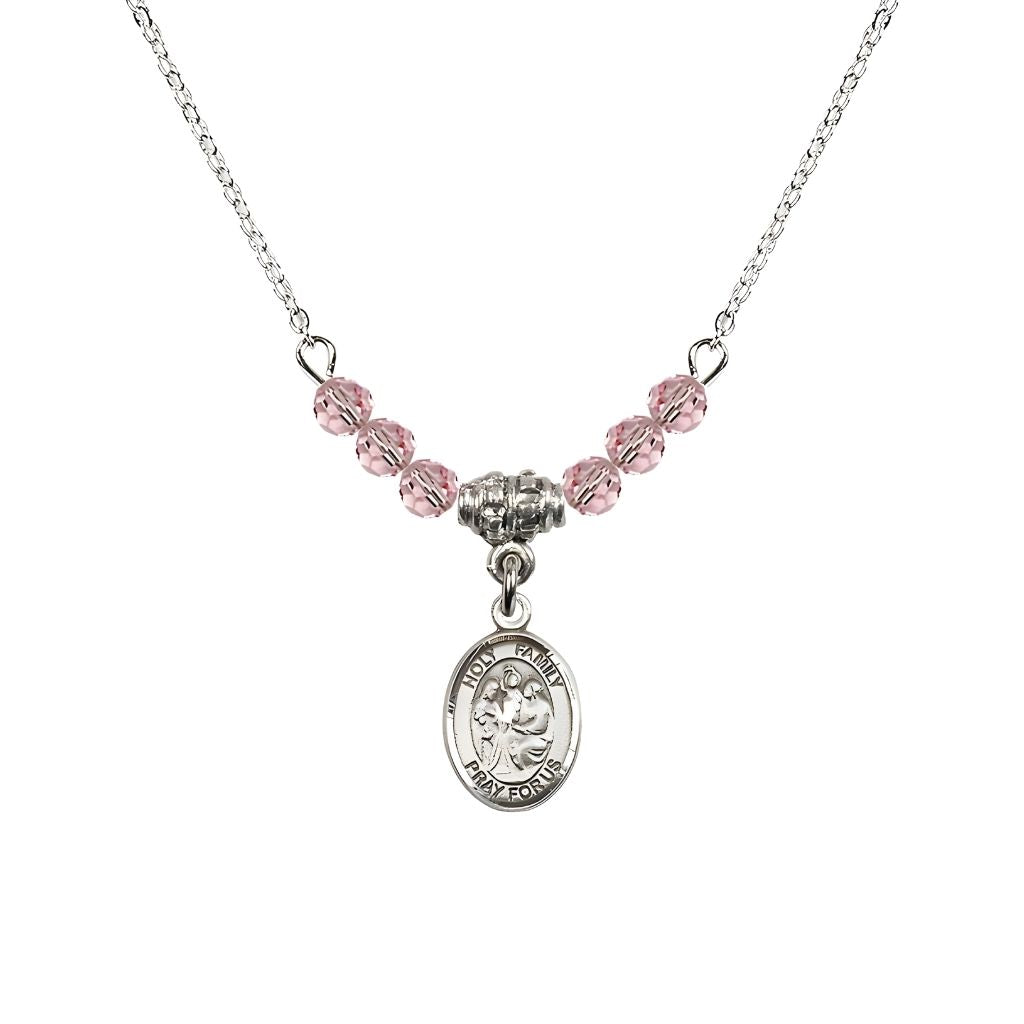Bliss Holy Family Sterling Silver Charm Beaded Necklace with 18" Plated Chain in 4mm Austrian Crystal Light Rose Beads