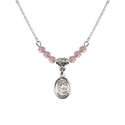 Holy Family Sterling Silver Charm Beaded Necklace with 18" Plated Chain in 4mm Austrian Crystal Light Rose Beads, Bliss Manufacturing