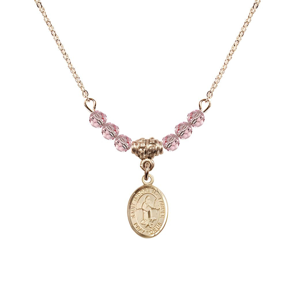 Bliss St. Isidore the Farmer Oval 14kt Gold-filled 4mm Light Rose Austrian Crystal Beaded Necklace, Measures 1/2-inch by 1/4-inch, Gift Box.