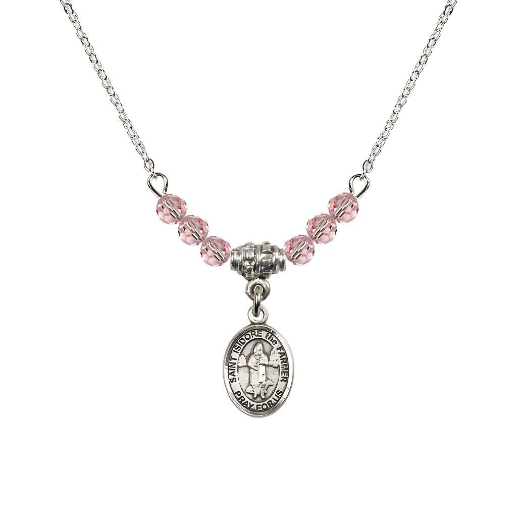 Bliss St. Isidore the Farmer Oval Sterling Silver 4mm Light Rose Austrian Crystal Beaded Necklace, Measures 1/2-inch by 1/4-inch, Gift Box.
