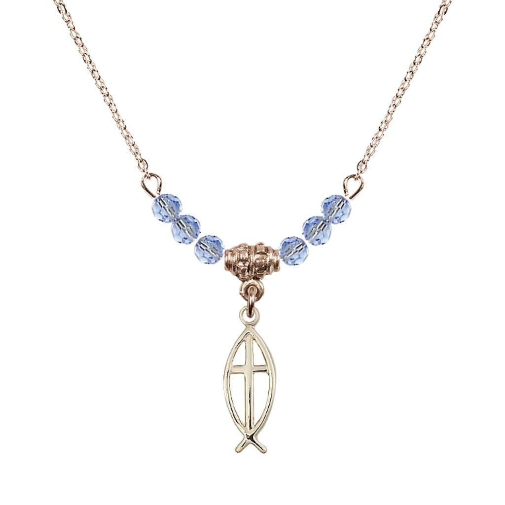 Bliss Fish Cross Gold-filled 4mm Crystal Beaded Necklace with Chain in Light Sapphire, Medal Measures 3/4 inch tall by 1/4 inch wide
