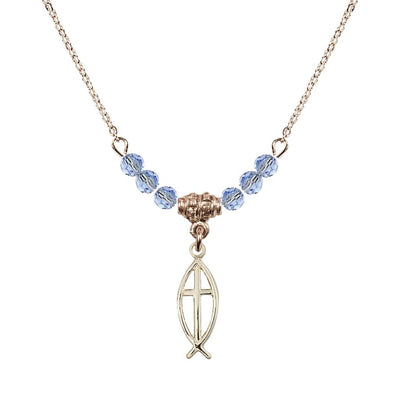 Fish Cross Gold-filled 4mm Crystal Beaded Necklace with Chain in Light Sapphire, Medal Measures 3/4 inch tall by 1/4 inch wide, Bliss Manufacturing