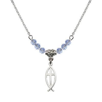 Fish Cross Crystal Birthstone Necklace with Chain in Light Sapphire, 3/4 inch tall by 1/4 inch wide, Bliss Manufacturing