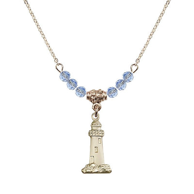 Light Sapphire Gold-filled Lighthouse Beaded Necklace, Medal Measures 3/4-inch tall by 3/8-inch wide, Bliss Manufacturing