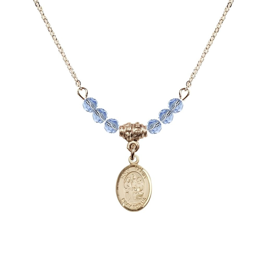 Bliss Holy Family 14kt Gold-filled Charm Beaded Necklace with 18" Gold-plated Chain in 4mm Austrian Crystal Light Sapphire Beads