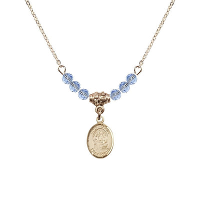 Holy Family 14kt Gold-filled Charm Beaded Necklace with 18" Gold-plated Chain in 4mm Austrian Crystal Light Sapphire Beads, Bliss Manufacturing