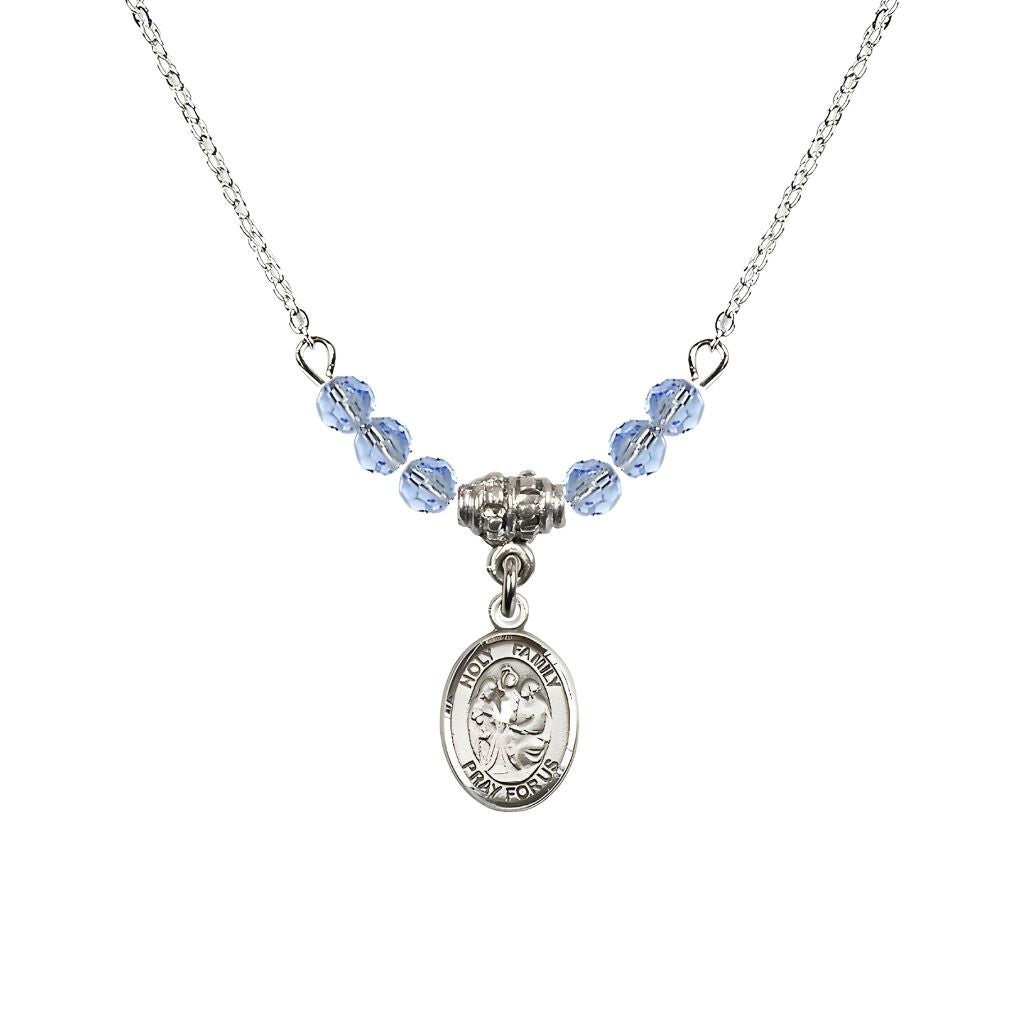 Bliss Holy Family Sterling Silver Charm Beaded Necklace with 18" Plated Chain in 4mm Austrian Crystal Light Sapphire Beads