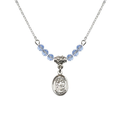 Holy Family Sterling Silver Charm Beaded Necklace with 18" Plated Chain in 4mm Austrian Crystal Light Sapphire Beads, Bliss Manufacturing