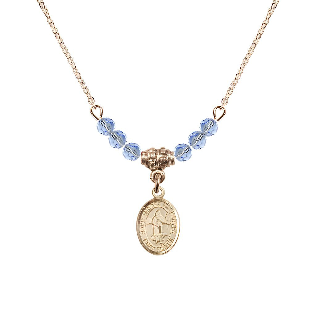 Bliss St. Isidore the Farmer Oval 14kt Gold-filled 4mm Light Sapphire Austrian Crystal Beaded Necklace, Measures 1/2-inch by 1/4-inch, Gift Box.