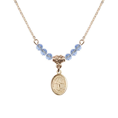 St. Isidore the Farmer Oval 14kt Gold-filled 4mm Light Sapphire Austrian Crystal Beaded Necklace, Measures 1/2-inch by 1/4-inch, Gift Box, Bliss Manufacturing