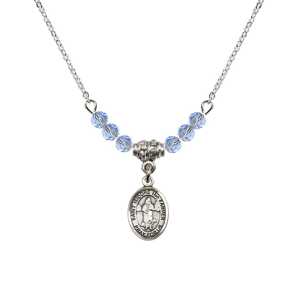 Bliss St. Isidore the Farmer Oval Sterling Silver 4mm Light Sapphire Austrian Crystal Beaded Necklace, Measures 1/2-inch by 1/4-inch, Gift Box.