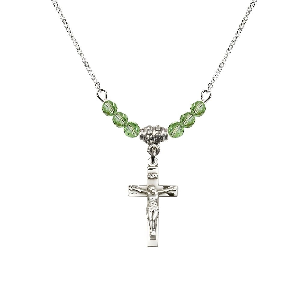 Bliss Pewter Holy Communion Crucifix Peridot Beaded Necklace, Measures 1/2-inch tall by 3/8-inch wide