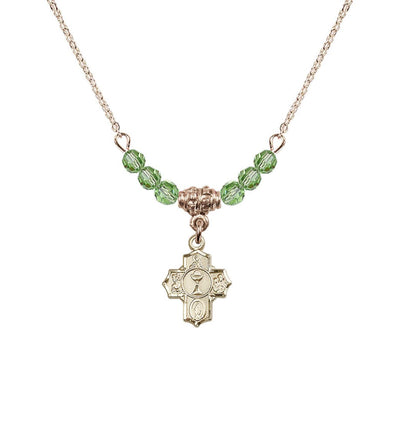 Gold-plated Communion 5-Way Cross Peridot Beaded Necklace, Measures 1/2-inch tall by 3/8-inch wide, Bliss Manufacturing